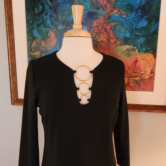Boston Proper Black Keyhole Tunic 3/4 Sleeve Metallic 3 Ring Neck Detail. S/M - Picture 9 of 10